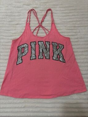 PINK Victoria's Secret Hot Pink Strappy Tank with Silver Glitter Logo